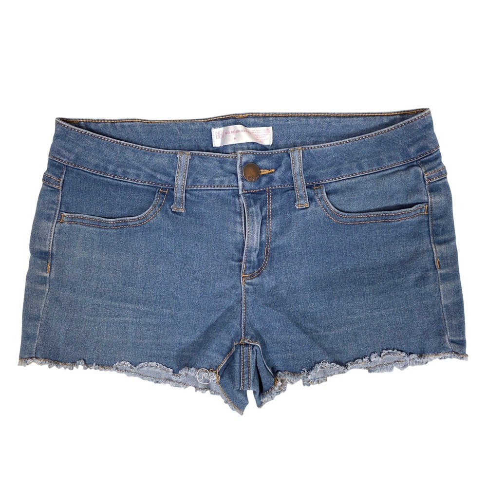 No Boundaries Womens Denim Jean Shorts Raw Hem Distressed Stretch Blue Size‎ 9